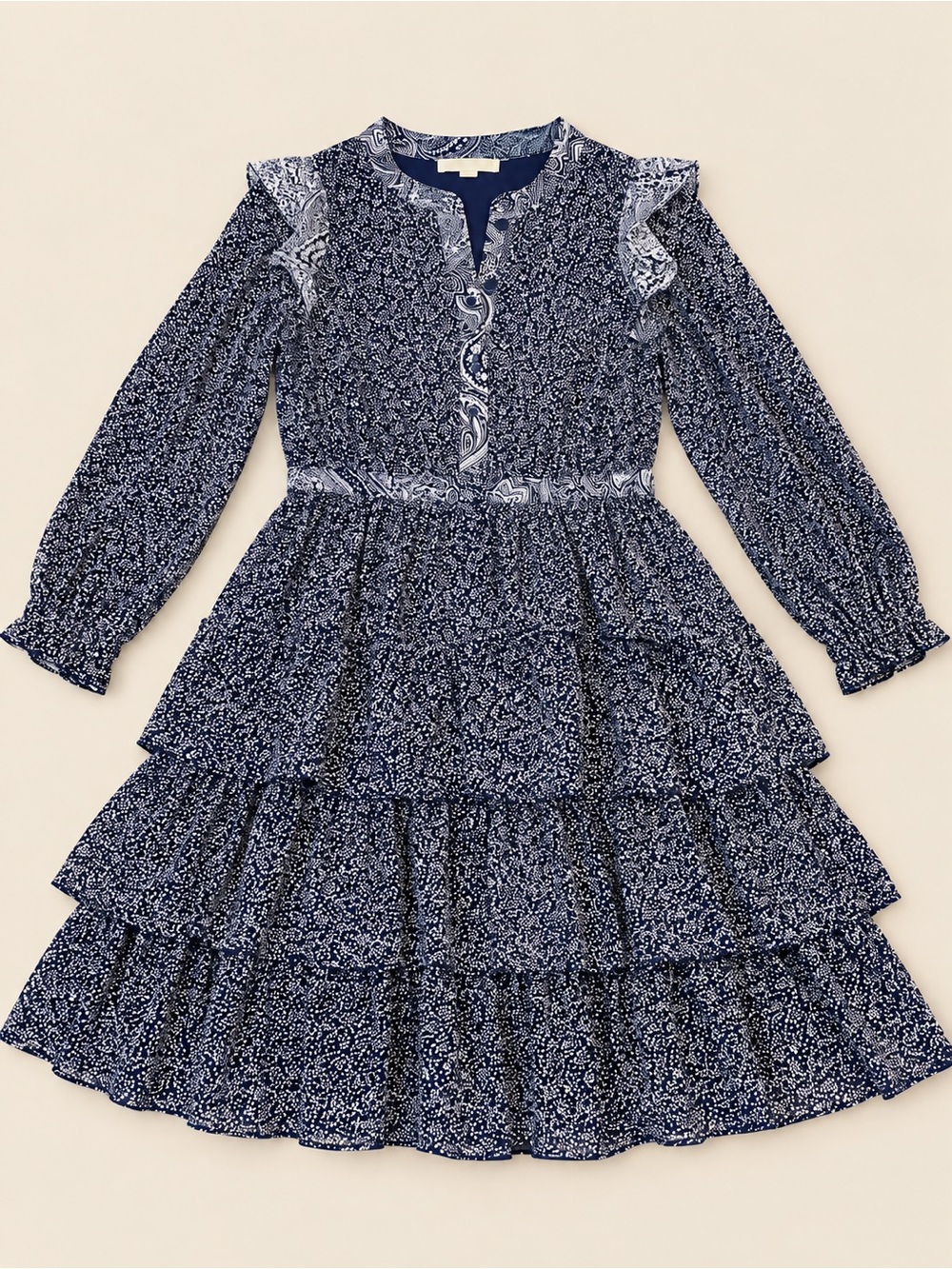 Michael Kors Navy and White Paisley Printed Long Sleeve Tiered Dress